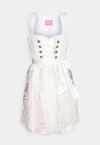 Robe dirndl rose bordée de dentelle avec un corsage ajusté, des boutons argentés et une ceinture en ruban satin. Des motifs floraux sur la jupe ajoutent de la texture.