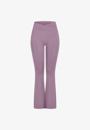 Pantaloni a zampa d'elefante viola realizzati in tessuto elastico. Caratterizzati da una vita incrociata per il massimo comfort. Tessuto liscio con un design aderente.