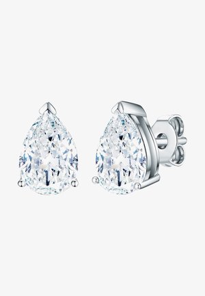Pendientes de cristal en forma de pera con un engaste de plata, que presentan acentos en forma de garra y dos postes de metal redondos. Superficie clara y reflectante.