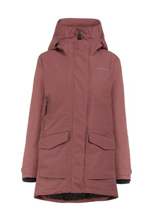 Pink waterproof parka with a high collar, zippered front, and two large front pockets. Features black interior lining and adjustable cuffs.