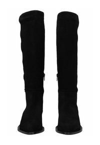 Czarne kozaki za kolano wykonane z miękkiego zamszu, o eleganckim designie, zaokrąglonym nosku i bocznych detalach z zamkiem błyskawicznym, na płaskiej podeszwie.