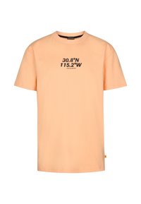 T-shirt en coton pêche clair à manches courtes, col rond, avec des coordonnées géographiques noires imprimées sur le devant. Petite étiquette logo sur le côté.