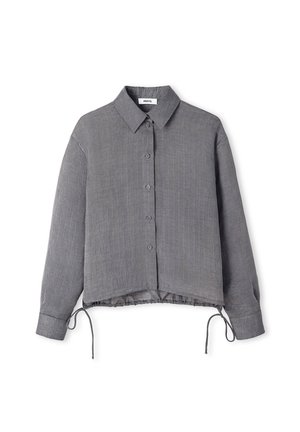 Grijze button-up shirt met lange mouwen, verticale strepen, kraag en een verstelbare trekkoordzoom voor een aanpasbare pasvorm.