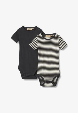 Dva dječja bodića: jedan ujednačene tamno sivo rebraste tkanine, a drugi s horizontalnim crnim i bijelim prugama, s kopčama na duh za lako oblačenje.