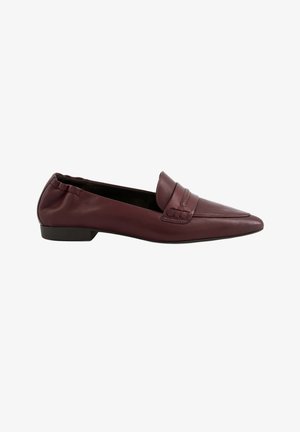 Burgundy leather slip-on loafer with pointed toe, low black heel, and decorative strap detail across the vamp.