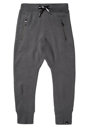 Pantalon de survêtement pour enfants gris foncé avec taille élastique, cordon de serrage noir et blanc, poches avant zippées et bords-côtes aux chevilles.