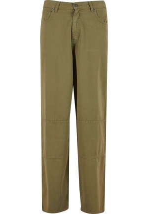 Pantaloni in misto cotone verde oliva con design a gamba dritta, dotati di tasche e cuciture rinforzate all'altezza del ginocchio.