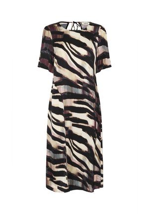Korte mouw knie-lange jurk met abstracte zebra-strepen in zwart, crème, bordeaux en blauw, met een striksluiting op de achterkant van de halslijn.