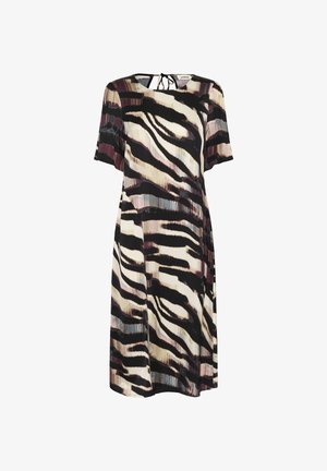 Rövid ujjú, térd hosszúságú ruha absztrakt zebra csíkokkal fekete, krém, bordó és kék színekben, hátsó nyakrészen megkötővel.
