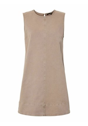 Robe mini taupe sans manches avec encolure ronde, couture centrale à l'avant et fermeture éclair au dos.