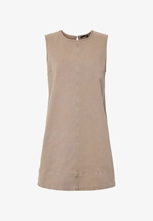 Kratka haljina bez rukava u boji taupe s okruglim izrezom, središnjim šavom sprijeda i patentnim zatvaračem straga.