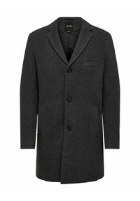 Grau melierter Wollmantel mit Reverskragen, einreihigem Design, Drei-Knopf-Verschluss sowie zwei Seitentaschen und einer Brusttasche.