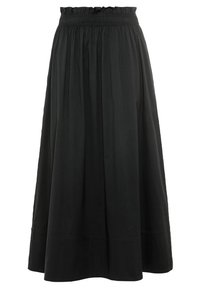 Svart maxikjol med elastisk midja, plisserad design, tillverkad av lätt tyg, med en utsvängd silhuett och en jämn yta.