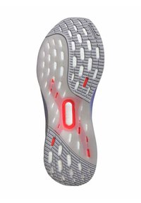 Semelle d'une chaussure avec une base en caoutchouc gris, une section transparente, des accents rouges et un motif de semelle texturé pour une meilleure adhérence.