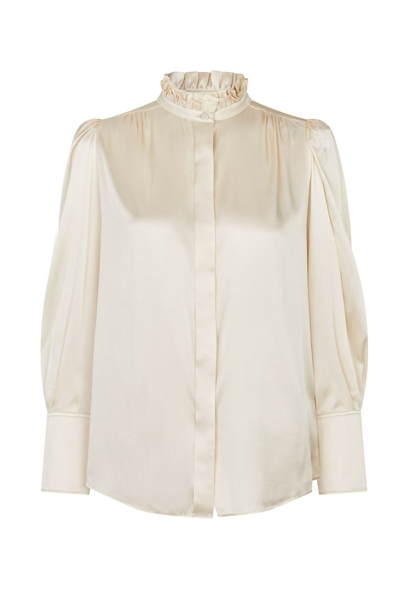 Bluzica kremaste barve z naborkom na visokem ovratniku, dolgimi puff rokavi in gumbom za zapiranje. Gladek, svilnat material z ohlapnim krojem.