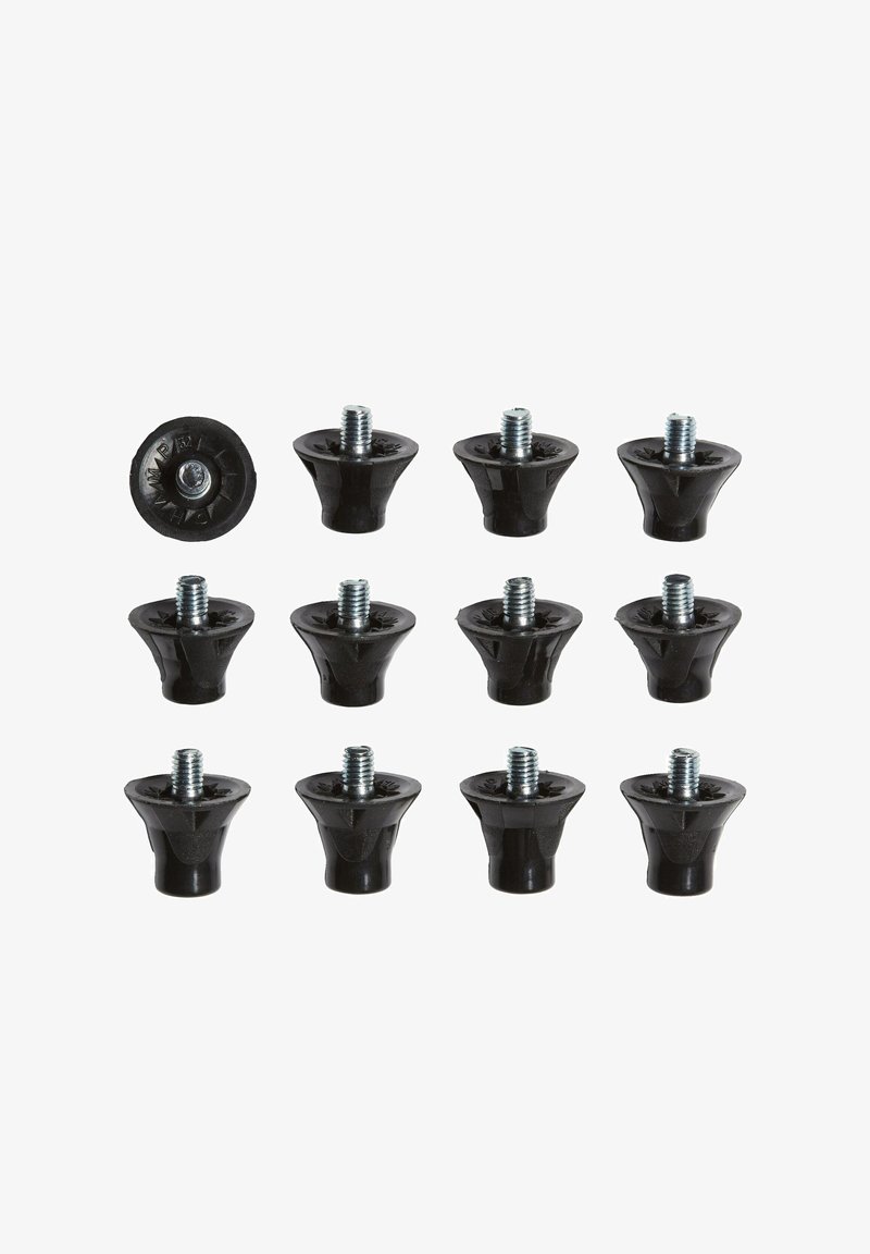 Black rubber furniture glides with threaded metal screws. Each glide features a concave design, providing stability and floor protection.