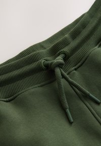 Primo piano della vita di pantaloni della tuta verdi con banda elastica a coste e coulisse annodata con terminali in plastica.