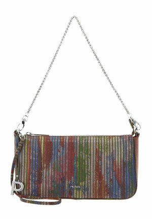 Sac à main rectangulaire rayé multicolore avec bandoulière en chaîne, fermeture éclair et petit logo métallique au centre avant.