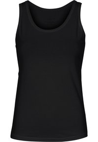 Black tank top made of smooth fabric, featuring a round neckline and sleeveless design, with a fitted shape and no visible patterns or accents.