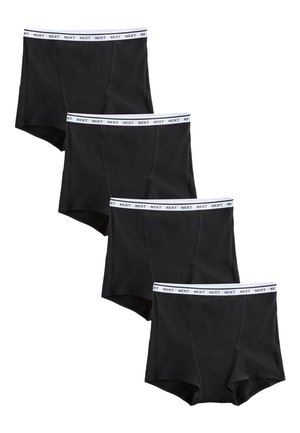 Quatre boxers noirs pour hommes avec des ceintures élastiques blanches portant la marque « NEXT », disposés en pile décalée sur un fond blanc.