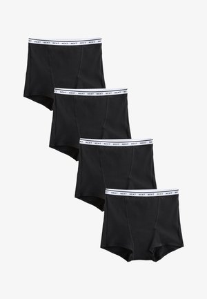 Vier zwarte herenboxers met witte elastische taillebanden met "NEXT"-logo, gerangschikt in een verspringende stapel op een witte achtergrond.