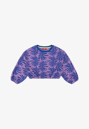 Cropped fleece sweatshirt in paars met een blauw bladmotief, met lange mouwen met elastische manchetten en een ronde hals.
