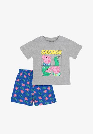 Grå bomulds-T-shirt med teksten "GEORGE" og tegneseriefigurer; blå shorts med lyserøde grisemønstre. Begge dele er lette og afslappede.