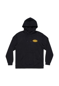 Zwarte hoodie met een buidelzak en een trekkoordkap. Heeft een geel ovaal logo op de borst. Gemaakt van zacht, dik katoen.