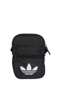 Pochette nera in tessuto con doppia chiusura a zip, caratterizzata da un logo trefoil bianco Adidas sulla parte frontale. Forma rettangolare compatta con superficie testurizzata.