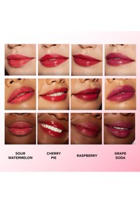 Various lip colors displayed on different lips, including shades like Sour Watermelon, Cherry Pie, Raspberry, and Grape Soda.