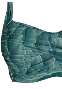 Tumes roheline lehtede mustriga bikiniülemine, millel on rippuv detail ja paksud rihmad. Valmistatud venivast kangast. Omab lameõmblusi mugavuse tagamiseks.