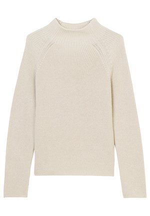 Pull beige tricoté à manches longues avec un col rond haut et des poignets ainsi qu’un bas côtelés, présenté à plat sur un fond blanc.