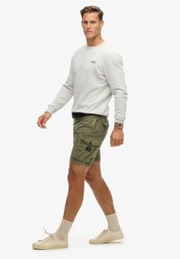 Sudadera gris claro, pantalones cortos de cargo verde oliva con bolsillos, zapatillas beige y calcetines marrones, todo presentado en un modelo masculino caminando.