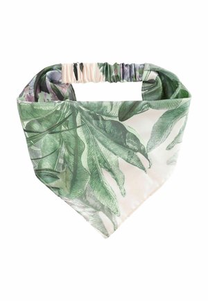 Bandeau en tissu avec arrière élastique, présentant un imprimé de feuilles tropicales vertes sur fond clair.