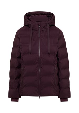Bordový péřový kabát s kapucí, který má přední zip, boční kapsy a elastické manžety. Vyroben z hladkého, voděodolného materiálu.
