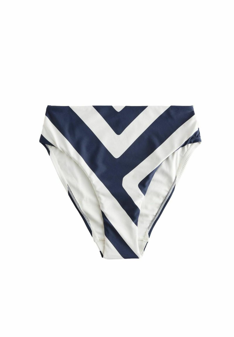 Bikini donji dio u mornarskom plavom i bijelom, s geometrijskim chevron uzorkom. Izrađen od glatkog, elastičnog materijala s elastičnim pojasom.