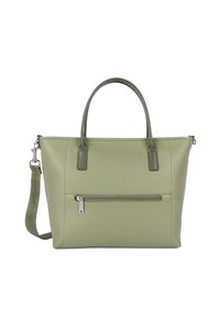 Lichtgroene, textuurgepaste leren tote bag met dubbele handvatten, voorkant met ritsvak en afneembare schouderband met metalen clips.