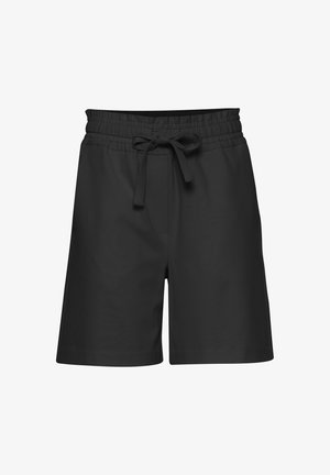 Sorte shorts laget av glatt stoff, med elastisk midjebånd, justerbar snor og en sidelomme på høyre side.
