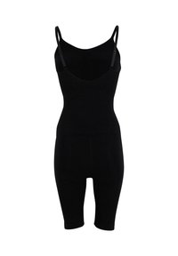 Body nero realizzato in tessuto elasticizzato con spalline regolabili, scollatura a U e lunghezza fino a metà coscia. Design senza cuciture con texture liscia.