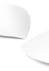 Białe pianki miseczek biustonosza o gładkiej teksturze, zakrzywionym kształcie i zaokrąglonych krawędziach, idealne do dodawania struktury do odzieży.