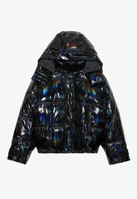 Black, puffer jacket with a glossy, iridescent finish. Features a hood, cropped design, and Velcro cuffs. Notable quilted texture and four pockets.