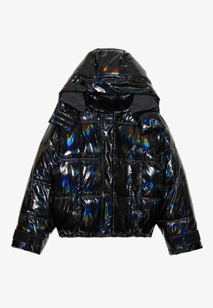 Black, puffer jacket with a glossy, iridescent finish. Features a hood, cropped design, and Velcro cuffs. Notable quilted texture and four pockets.