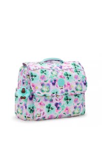 Blommig ryggsäck med en rosa och turkos färgsättning, som har en lockstängning, mönstrad tyg och en liten pom-pom charm.