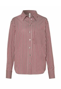 Red and white striped button-up shirt with long sleeves, a collar, and a left chest pocket featuring diagonal stripes. Cotton fabric.