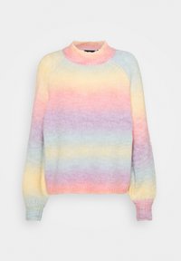 Pull en maille douce avec des rayures horizontales pastel rose, jaune, violet et bleu, manches longues et col montant côtelé.