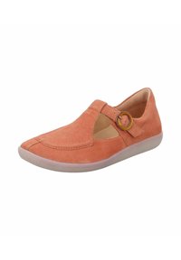 Suede orange shoe with a cut-out design and circular hardware detail on the strap. Textured upper and flexible, light-colored sole.