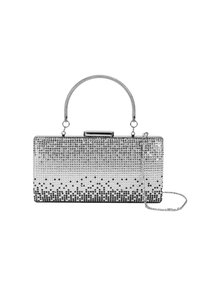 Silberfarbige Clutch mit Kristallverzierung in rechteckiger Form, ausgestattet mit einem oberen Griff und einem abnehmbaren Kettenriemen. Verlaufender schwarzer Akzent am unteren Teil.