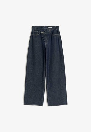 Brede pijpen, donkerblauwe denim jeans met een hoge taille, vijf zakken en contrasterende stiksels. Voorzien van een metalen knoop en ritssluiting.
