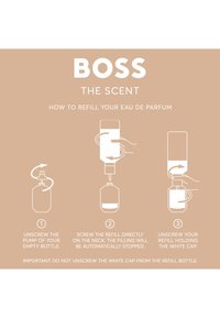 Instrukcje krok po kroku jak uzupełnić perfumy Boss The Scent: odkręć pompkę, nakręć wkład na szyjkę butelki, następnie odkręć wkład trzymając biały korek.