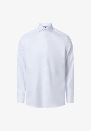 Weißes Langarmhemd mit Knopfleiste, glatter Textur, klassischem Kragen und sechs Vorderknöpfen. Einfaches, einfarbiges Design ohne Muster.